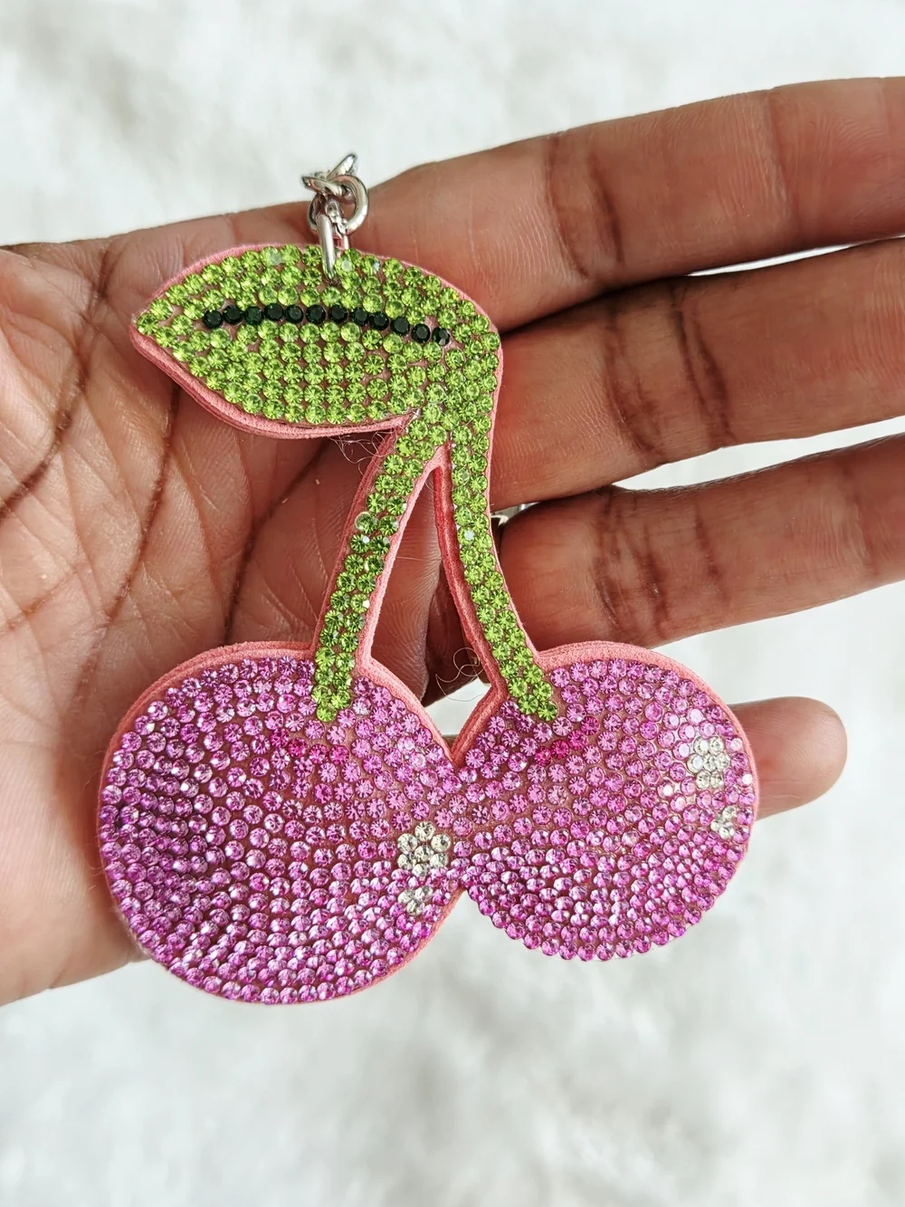 Pink and Green Rhinestone Cherry Keychain Bag Charm